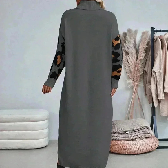 Multicolor Casual Women's Leopard Print Turtleneck Sweater Dress - Picture 2 of 6